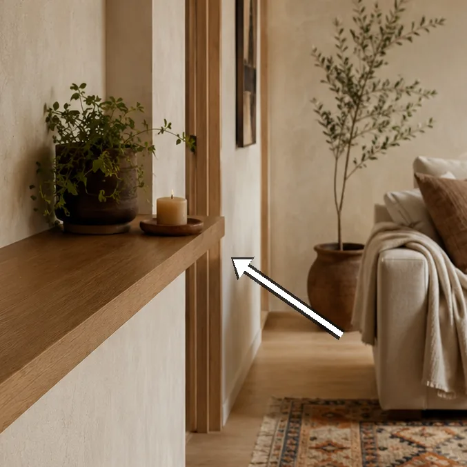 Kilim rug beside sofa and shelf display in earth tones.