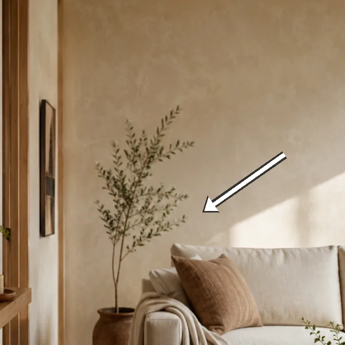 Soft limewash walls reflect light, creating calm with minimal clutter.
