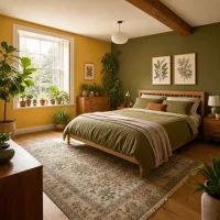 Wide view of a bedroom with yellow and olive walls, wooden beams, and many plants