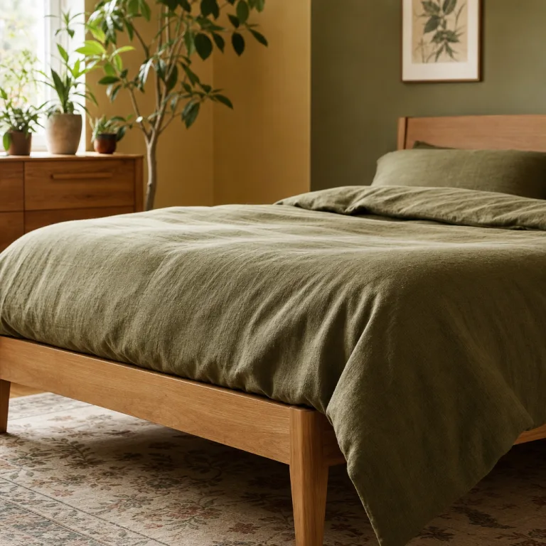 Close up of the olive duvet on the wooden bed