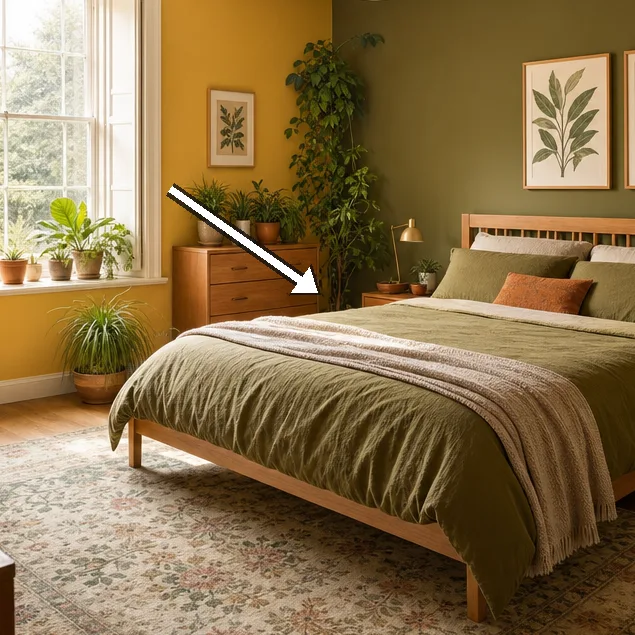 Pots of houseplants on the dresser and windowsill