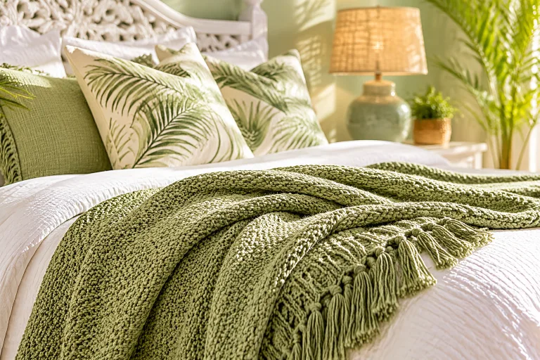 Close-up of the sage knitted throw draped across the bed.