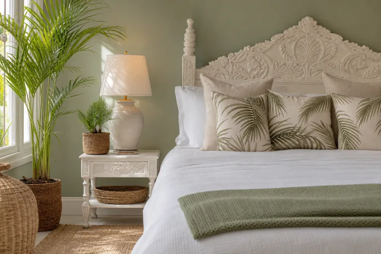 Pillow arrangement featuring palm-patterned cushions along the linen headboard.