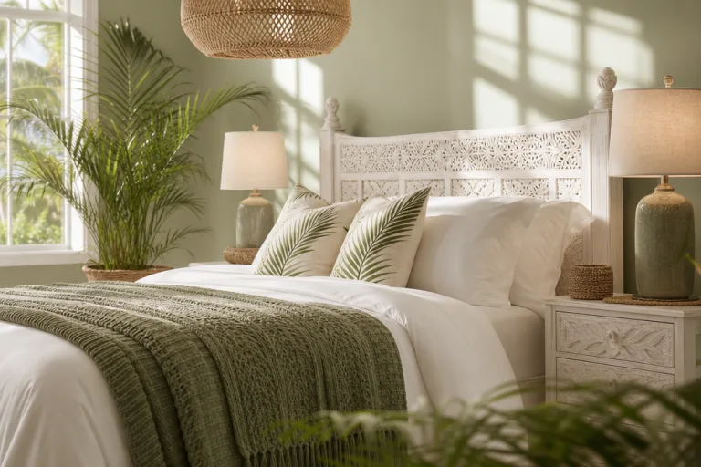 Wicker pendant lamp above and a pair of lamps on the nightstands.