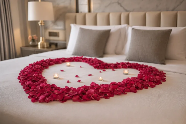 Close detail of rose petals forming a heart ring around the centre.