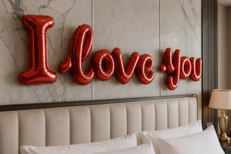Close-up of red I love you balloons over the headboard.