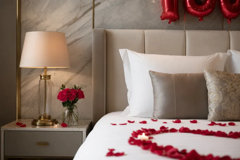 Detail of the bedside table with lamp and marble wall behind.