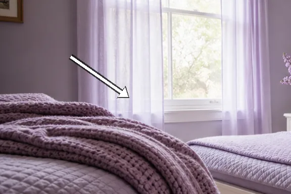 Close-up of the quilted lavender bedding and knitted throw.