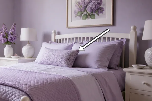 Framed botanical print above the bed with lilac tones.