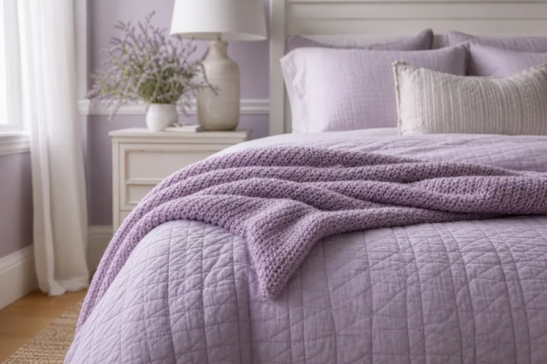 Close-up of the quilted lavender duvet and textured knitted throw.