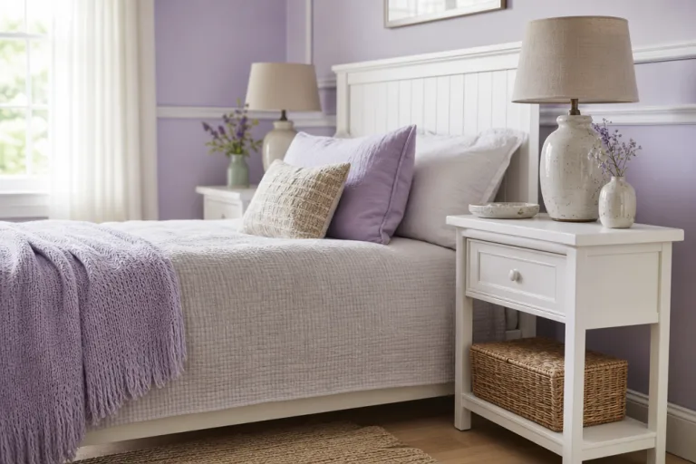 Two white nightstands frame the bed with a ceramic lamp and vase.
