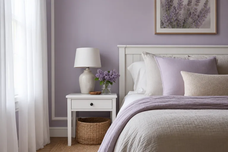 A framed botanical print hangs above the headboard, echoing lilac tones.