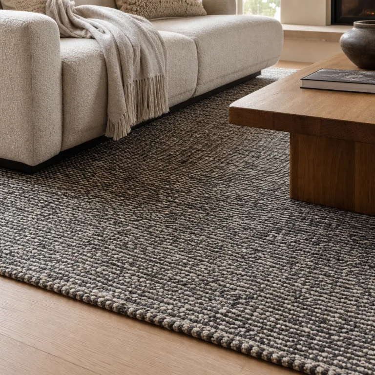 Detail of the 2.4m x 3.2m wool loop rug in charcoal and ivory