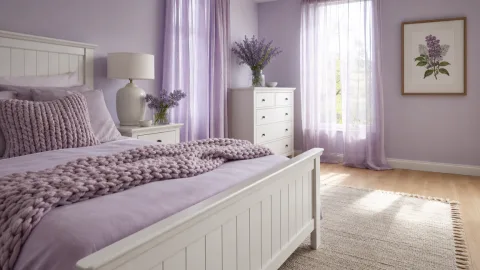 Wide establishing shot of the lavender bedroom with white furniture.
