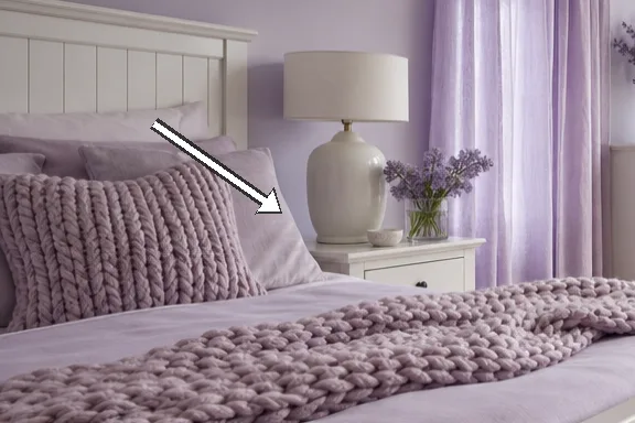 Close-up of lilac bed linens and chunky knitted throw on the bed.