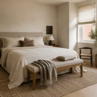 Establishing wide shot of the bedroom with linen bench at bed's foot