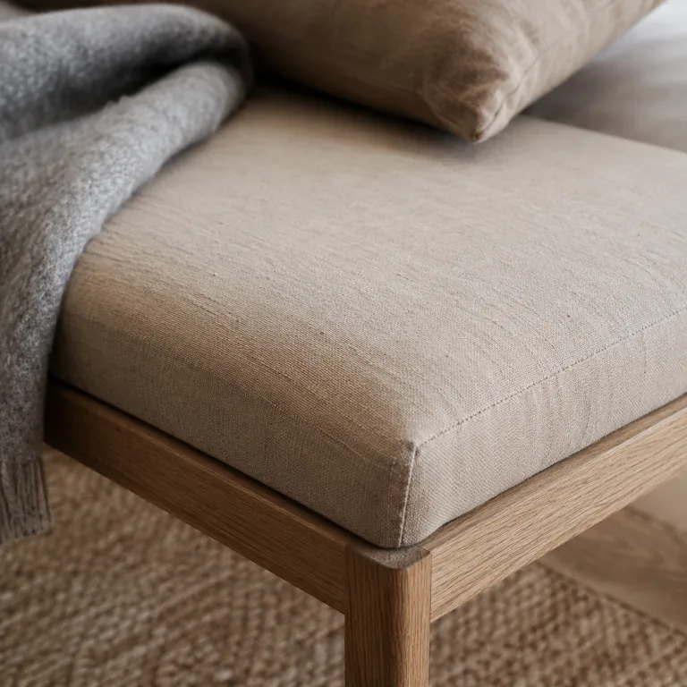 Close-up of the linen bench cover in natural dyed linen