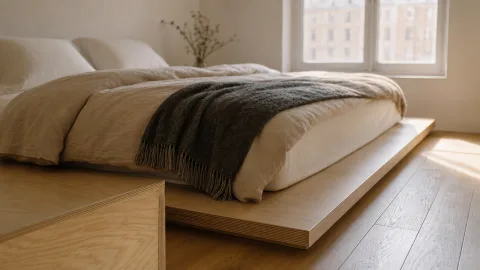 Wide establishing shot of the low plywood platform in the compact bedroom.