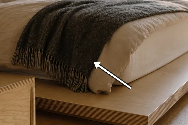 Detail of ivory linen sheets, sand-coloured duvet, and charcoal wool throw.