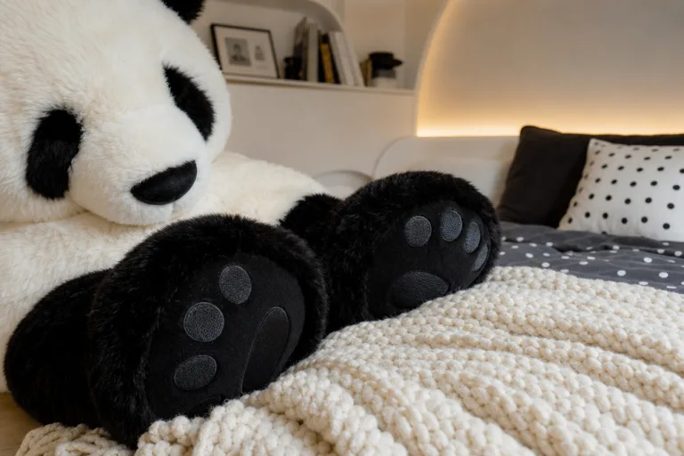 Close detail of the fluffy white fur and black paws.