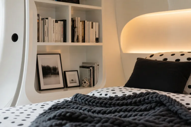 Shelf area with books and framed prints visible beside bed.