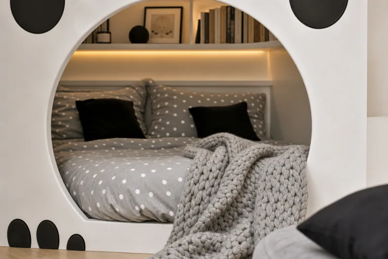 Soft grey bedding with a knitted throw over the panda opening.