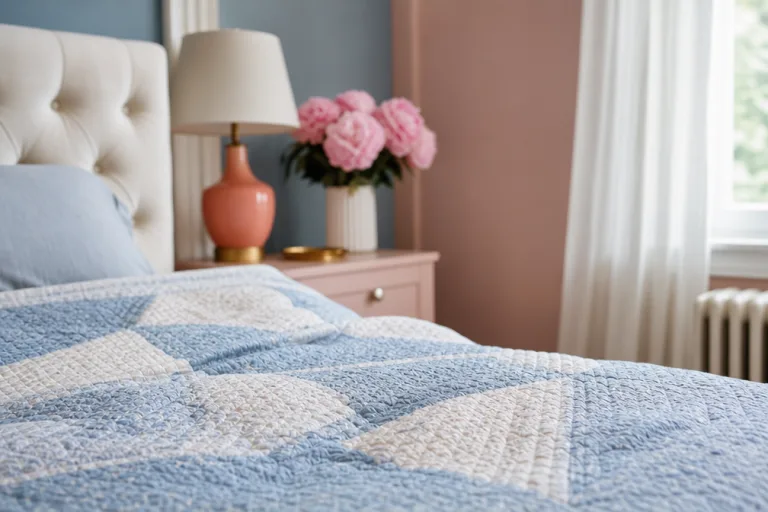 Close-up of the quilted bedspread in blue and white tones.