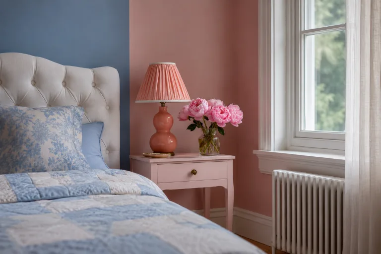 Nightstand with pink lamp and fresh flowers by the window.
