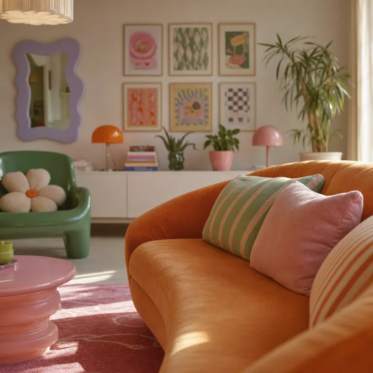 Close-up of the curved orange sofa with striped and pink cushions.