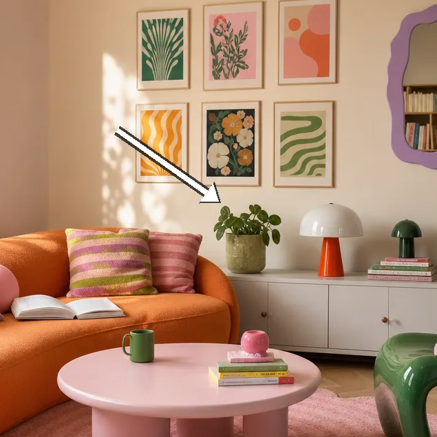 Detail of the white sideboard with three plants and two retro lamps.