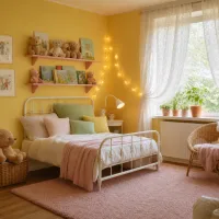 Wide establishing shot of a sunny yellow children's bedroom with a white bed