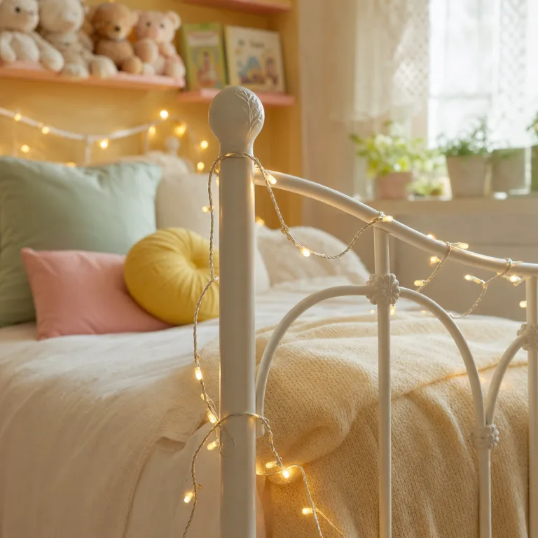 Close-up of string fairy lights twined around a pale metal bed frame