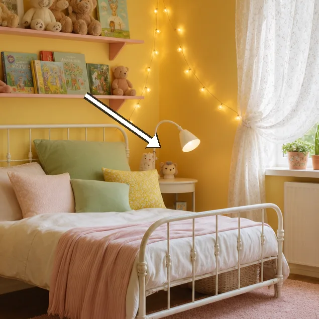 Shelves above the bed stocked with plush toys and pastel books