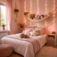 Wide shot of pastel pink bedroom with warm fairy lights on wall