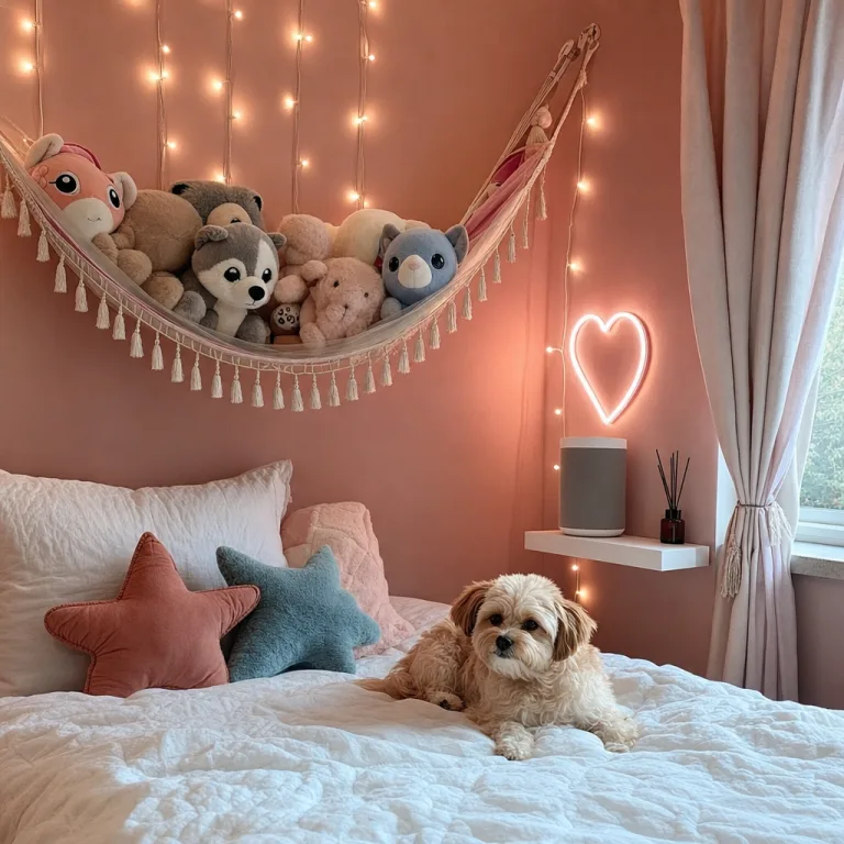 Close-up of hammock stuffed animals perched above the bed