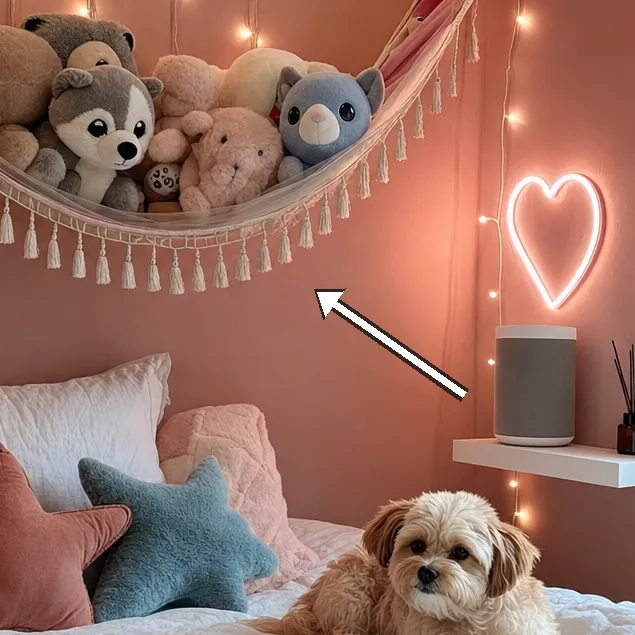Bed with white quilt, pink star cushions and dog