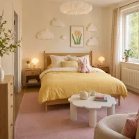 Wide establishing view of a pastel yellow bedroom with cloud decor and soft lighting