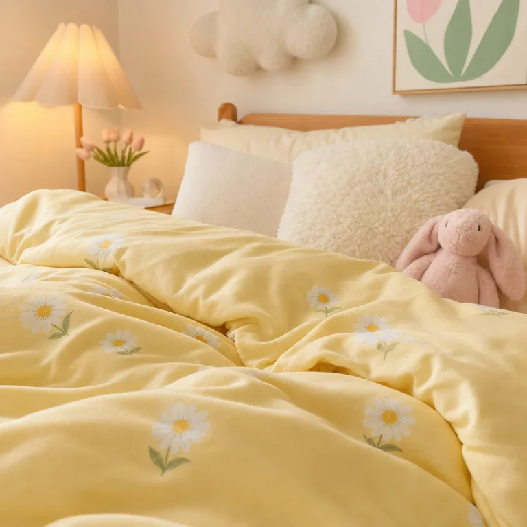 Close-up of yellow duvet with daisy print and fluffy cushions
