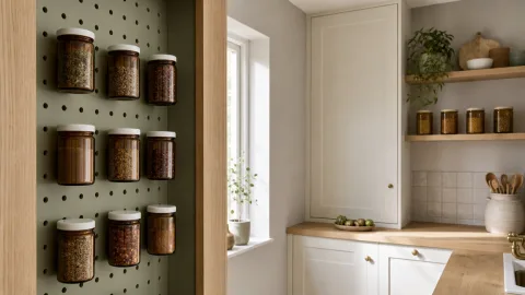 Wide establishing shot of a compact kitchen with dove-grey walls and a pegboard pantry door.
