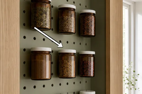 Close-detail of the pegboard door with sage paint, neat holes, and amber spice jars.