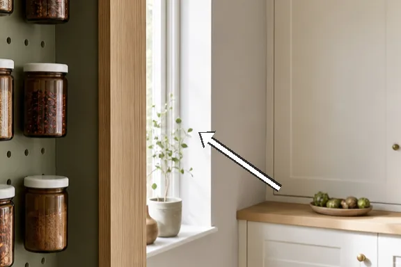 Close shot of oak surround, white cabinetry, and light streaming through the window.