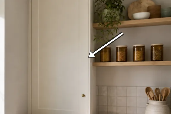 Detail of jars labelled with cumin, paprika, coriander on pale shelves.