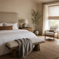 Wide shot of a serene beige bedroom with linen textures and natural light.