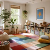 A sunlit children's playroom with a rainbow patchwork rug and low shelving