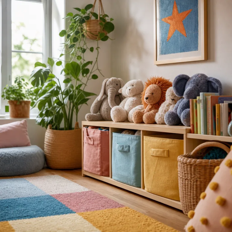 Close-up of pastel storage bins and plush toys on the shelves