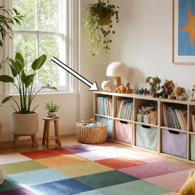 Hanging plant and framed blue art with orange star on wall