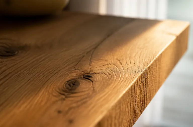 Grain close-up: honeyed oak grain with knots catching late afternoon sun on the edge.