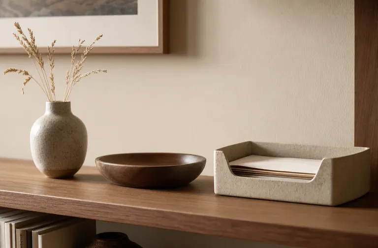 Shelf with a small ceramic vase, a shallow bowl, and a mail tray aligned along the shelf.