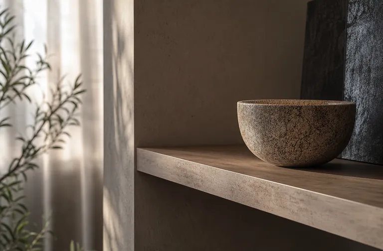 Evening shadows sweep across the shelf edge where hidden fixings disappear.