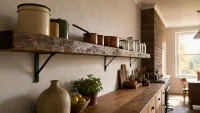 Wide establishing shot of the long kitchen with the reclaimed shelf.